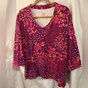 Isaac Mizrahi Live Magenta Floral Cotton V-neck Top- Size 3X